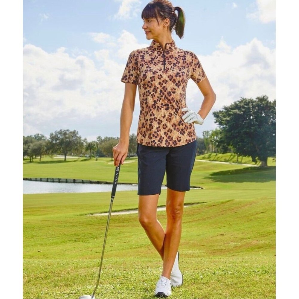 IBKUL Leopard Mock Neck Zip Top Short Sleeve Shirt L XL Natural Black Golf